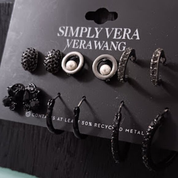 VERA WANG 6pc SET Goth Black/Gunmetal Black Crystal Pearl Stud & Hoop Earrings - Picture 1 of 3